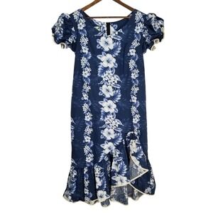 Two Palms Hawaiian Dress 2XL Blue White Floral Hibiscus Ruffle Made in Hawaii